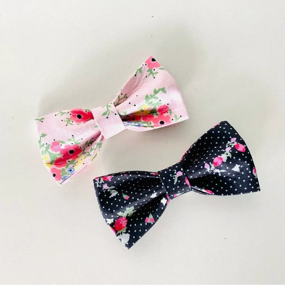 NEW HANDMADE Navy Blue Polka Dot Pink Floral Dog Cat Pet Collar Elastic Bow Tie